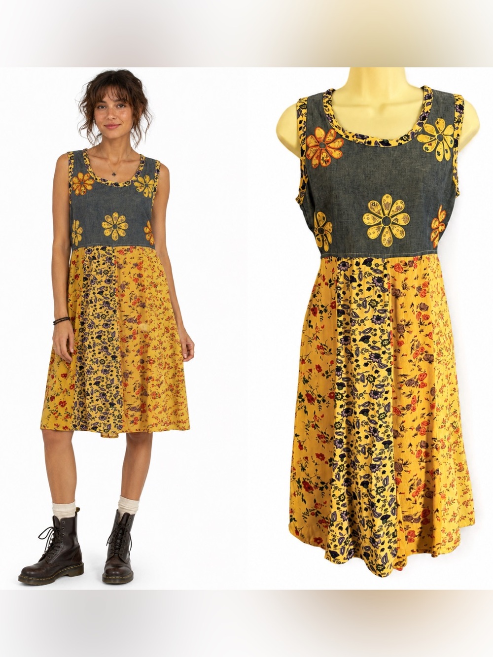 Vintage Raindrops Patchwork Floral Dress 90s Boho Grunge Cottagecore Tie Back M - Picture 1 of 15
